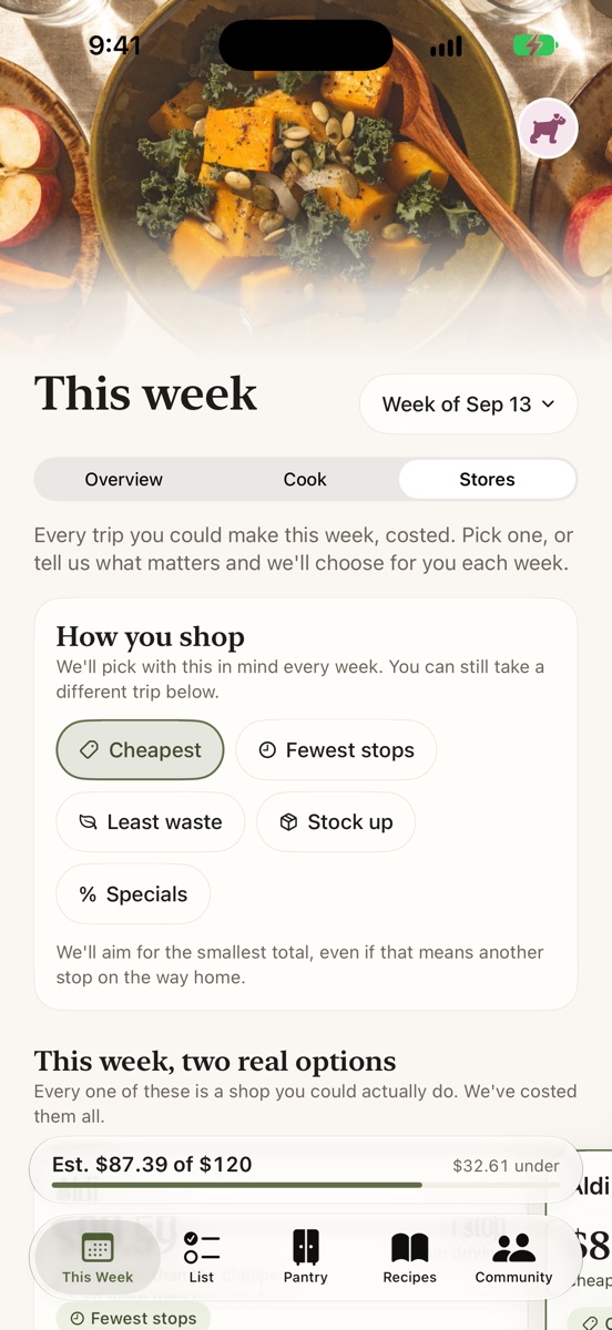 Stores: every trip costed, picked for cheapest, fewest stops or least waste