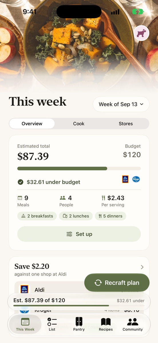 This week: nine meals for four people, estimated at $87.39 of a $120 budget